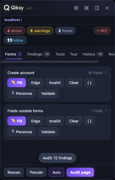 Qiksy Forms tab — fill scenarios & personas
