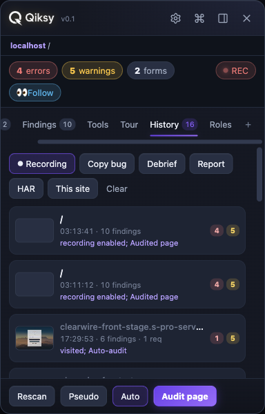 Qiksy session history timeline