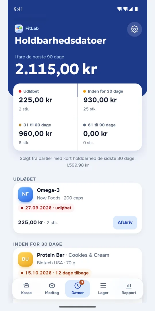 Skærmen med holdbarhedsdatoer