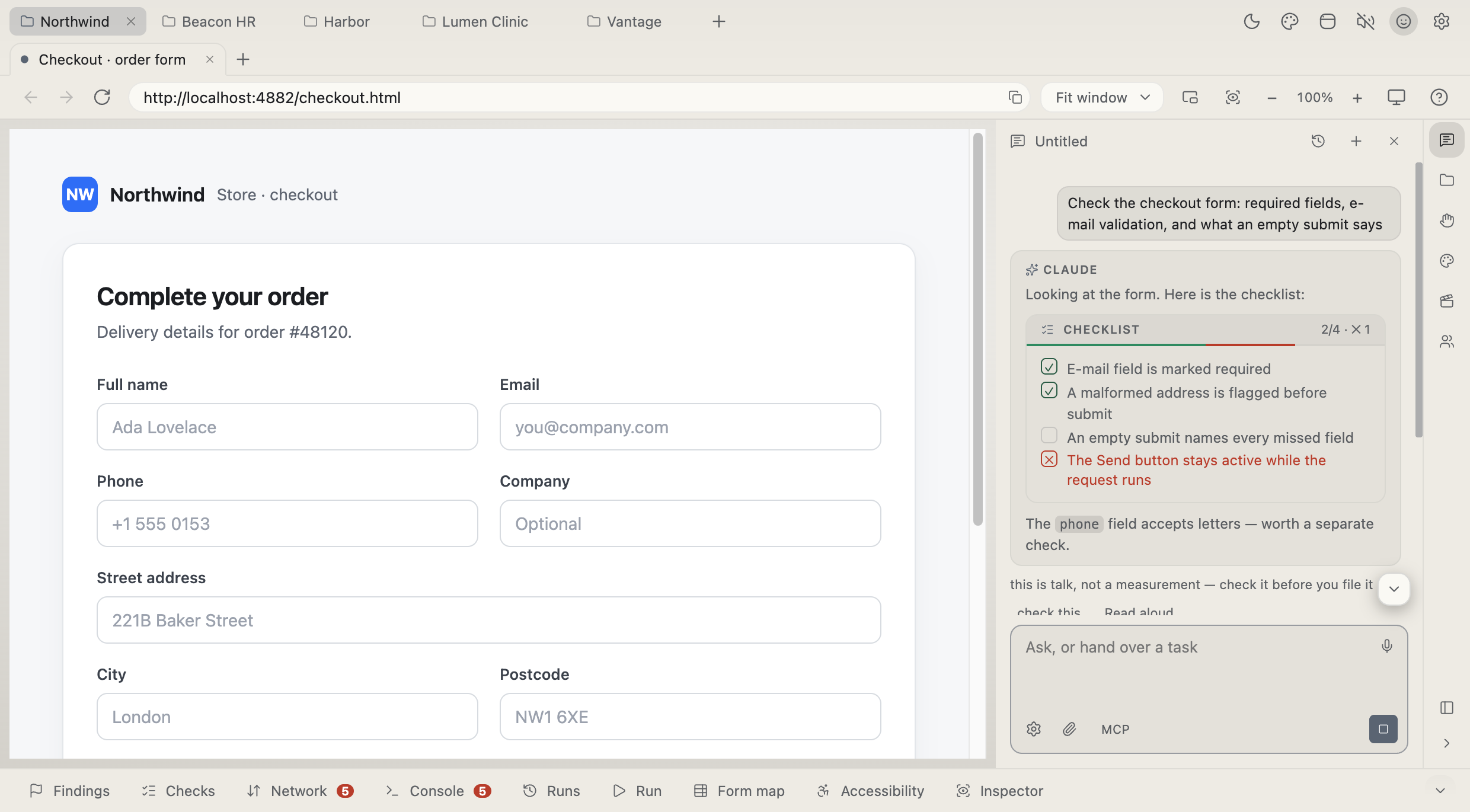 Claude — Hand over the whole task on your own subscription: it plans once, carries it out and files what broke. Optional — everything above works without it.