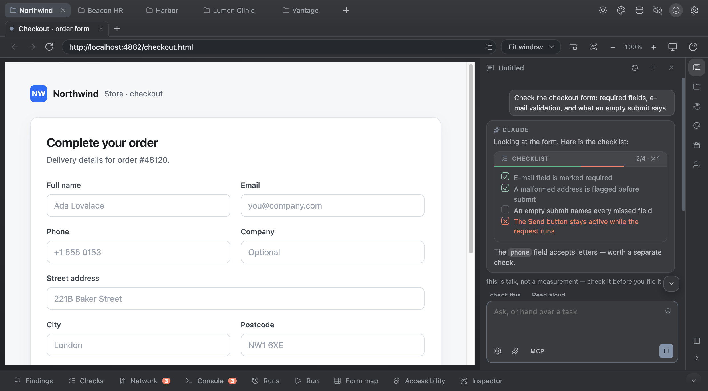 Claude — Hand over the whole task on your own subscription: it plans once, carries it out and files what broke. Optional — everything above works without it.