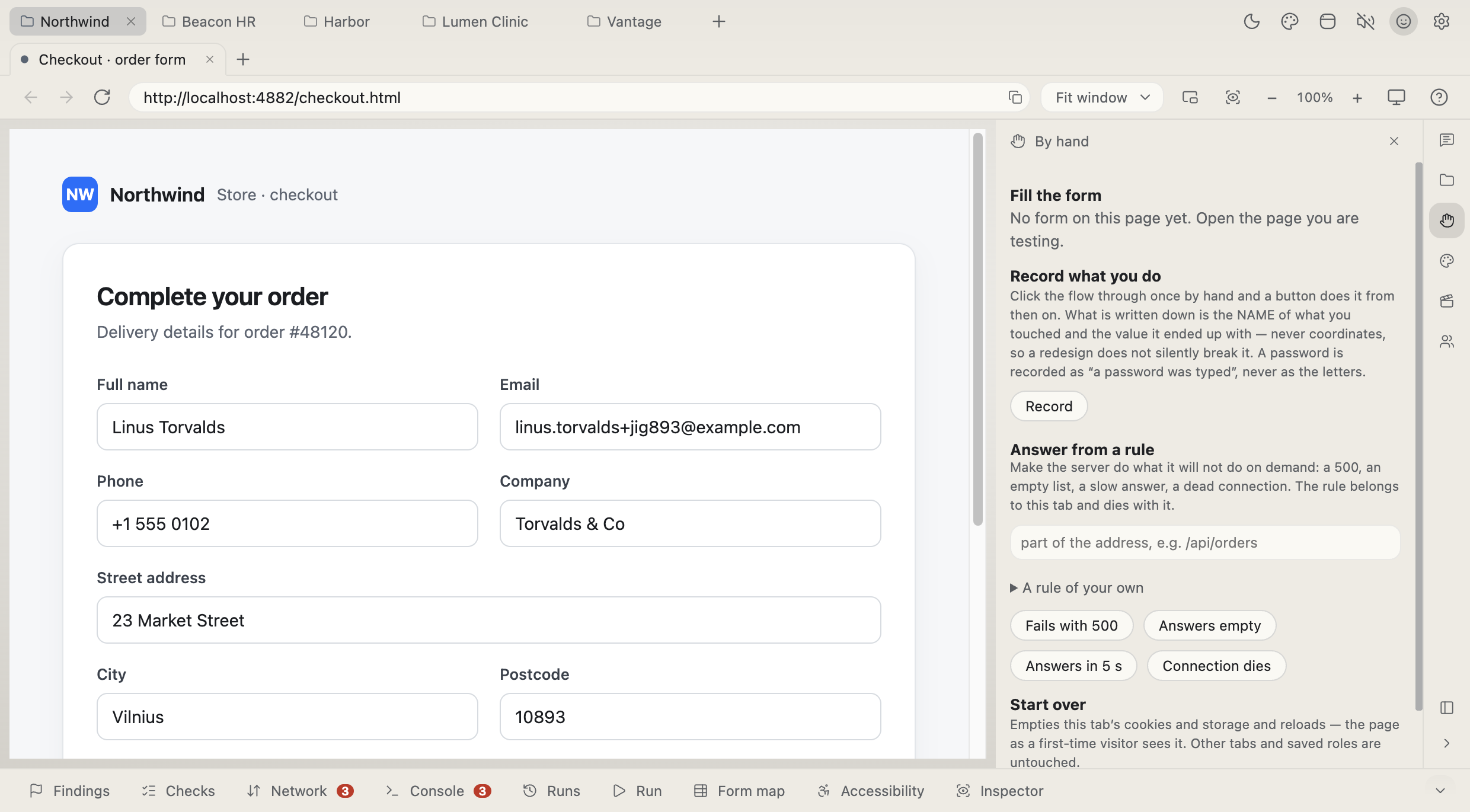 By hand — Fill by set — plausible, the declared limits, what validation must refuse, or everything empty. Lists and consent ticks stay yours, named field by field.