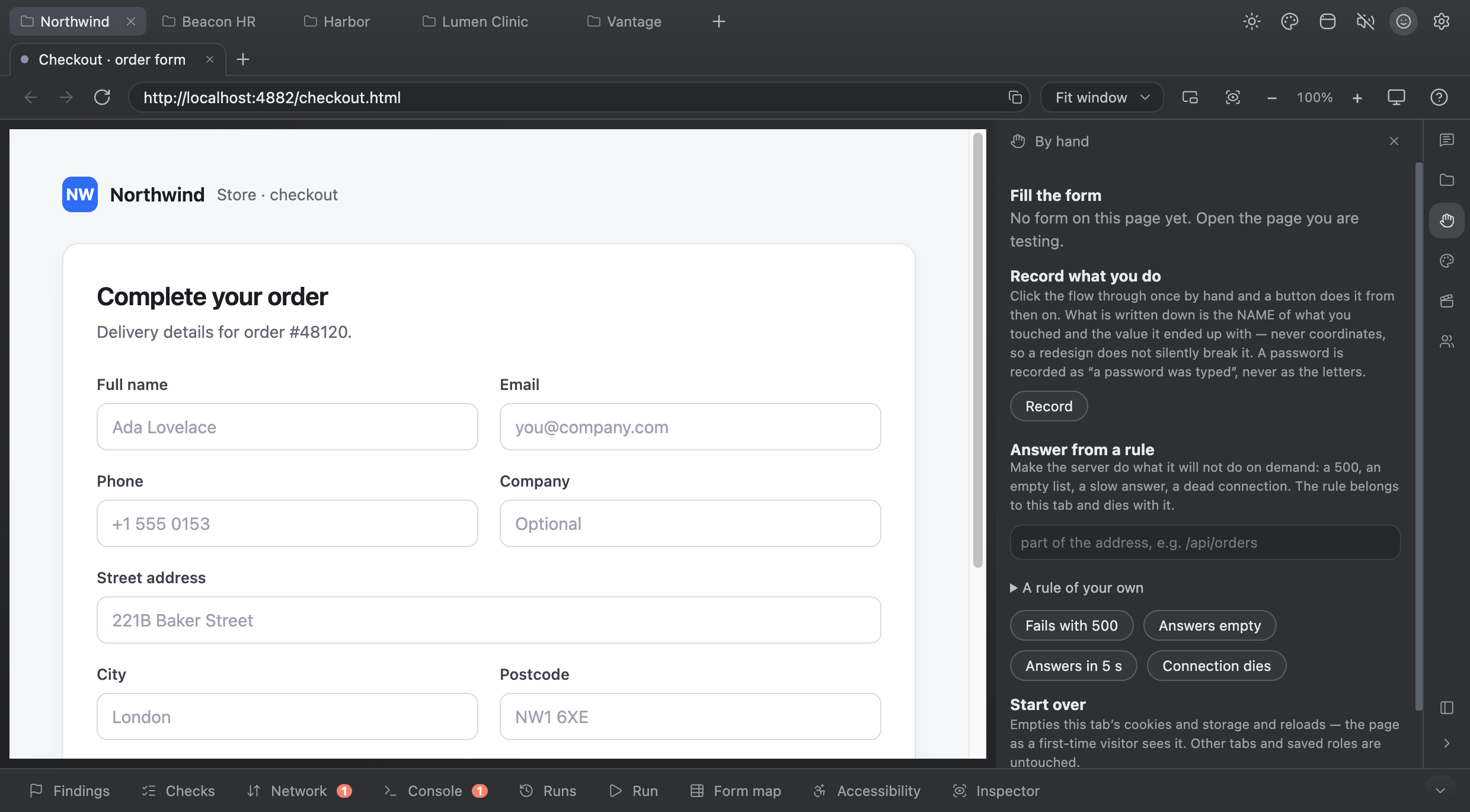 By hand — Fill by set — plausible, the declared limits, what validation must refuse, or everything empty. Lists and consent ticks stay yours, named field by field.