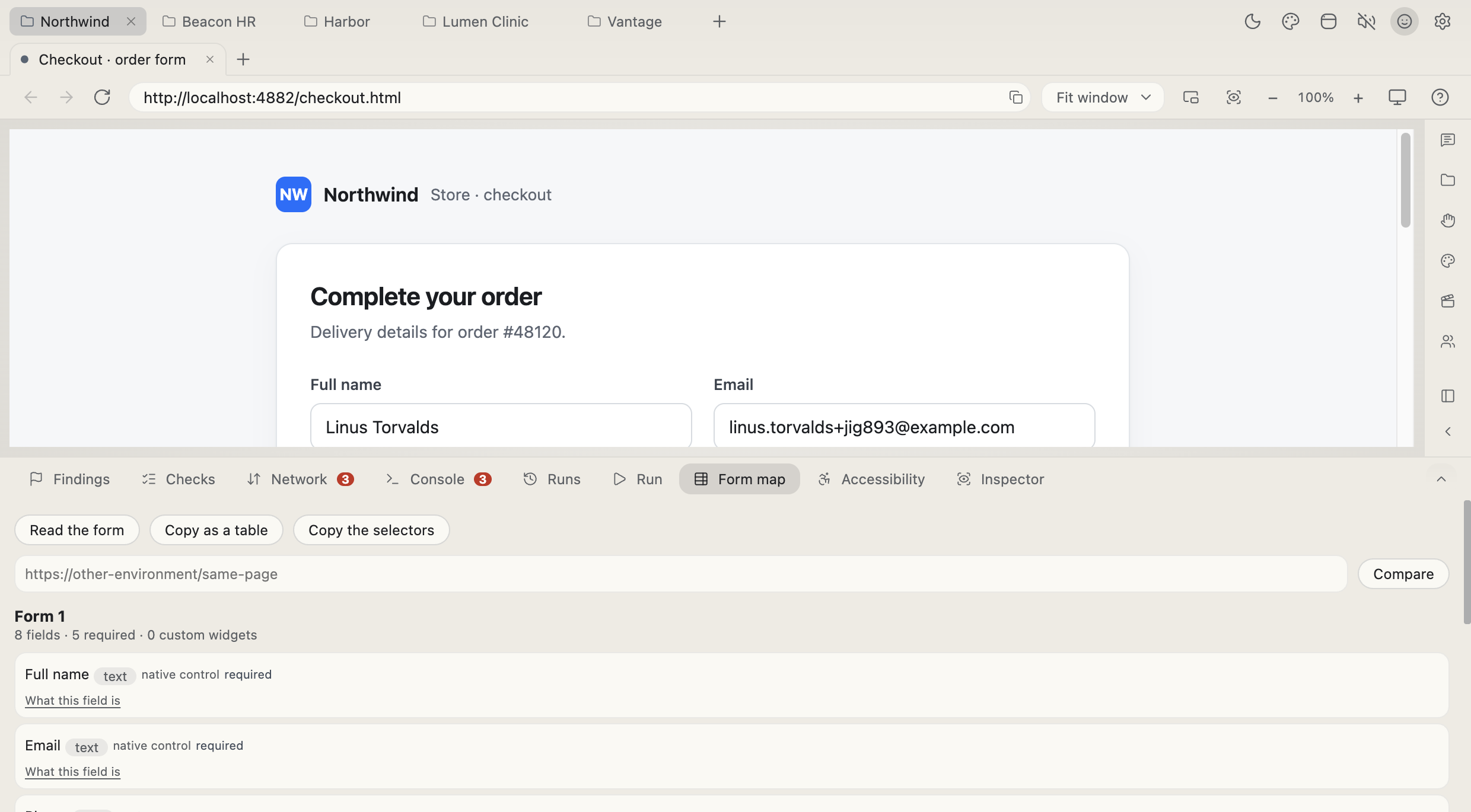 Form map — Every field of the page in one pass, with its kind, whether it is required and how the widget has to be driven — without a single click.