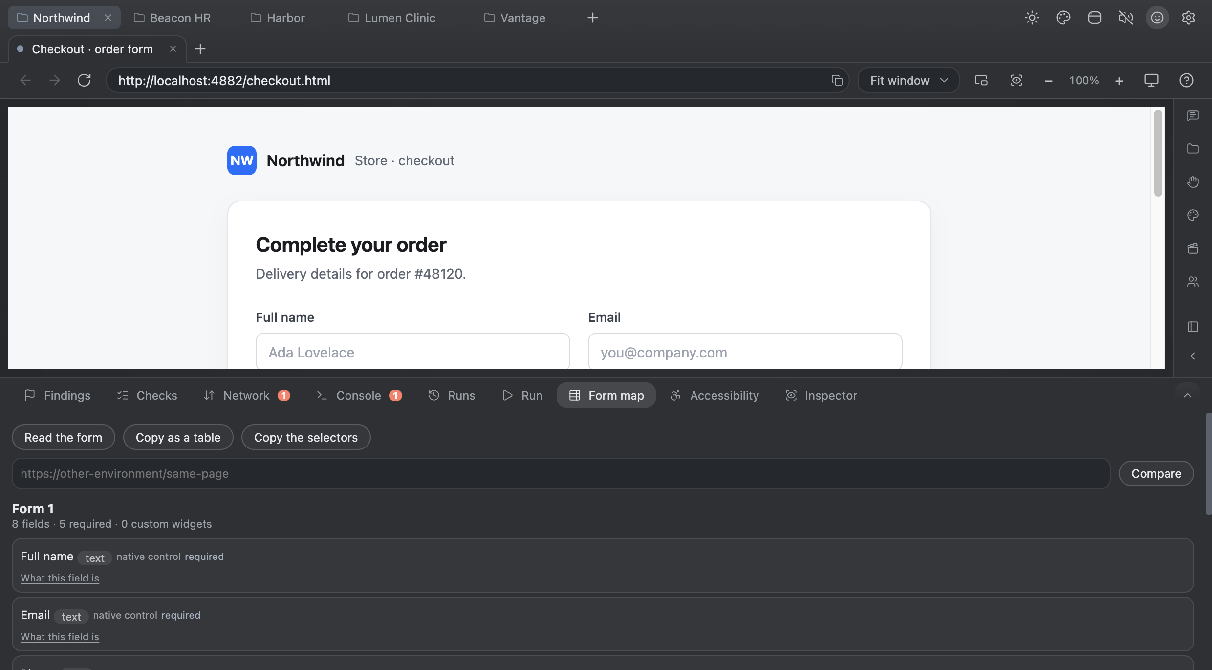 Form map — Every field of the page in one pass, with its kind, whether it is required and how the widget has to be driven — without a single click.