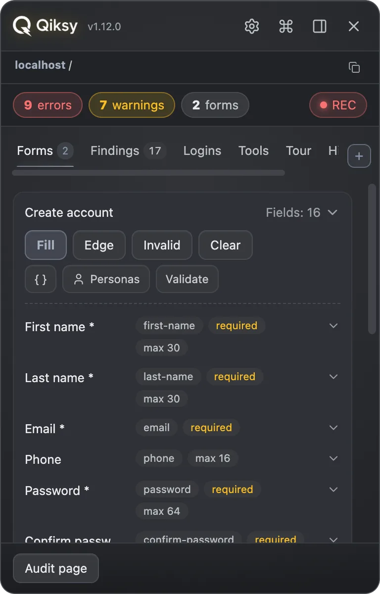 Qiksy — the detected fields of a form