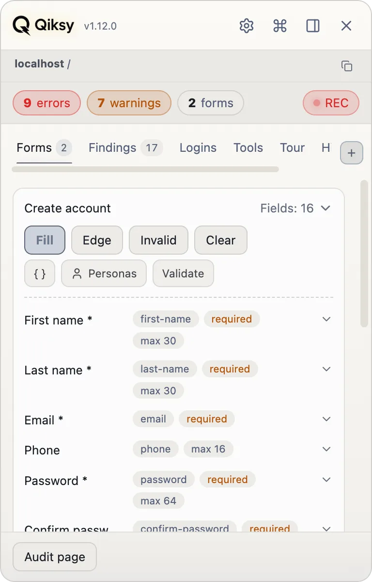 Qiksy — the detected fields of a form
