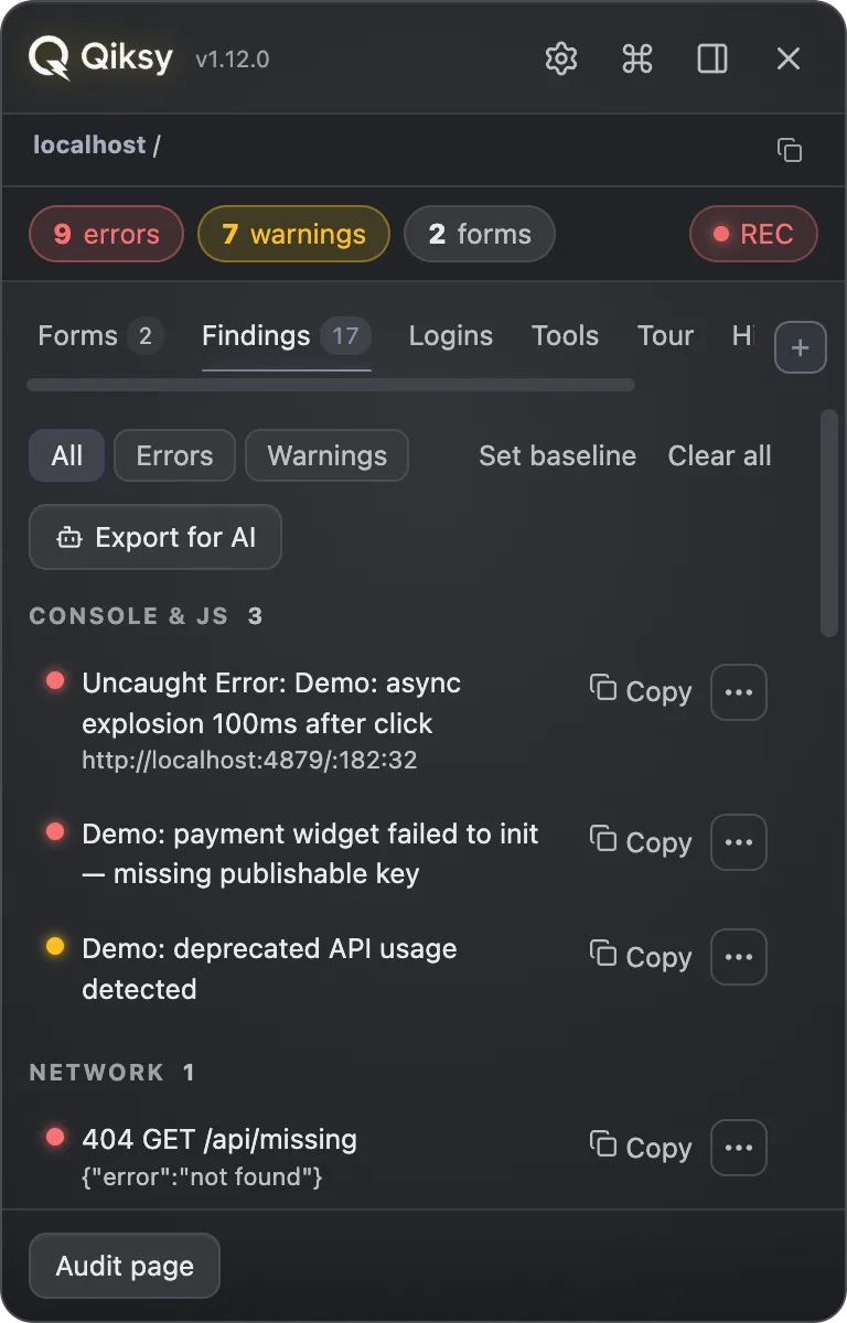 Qiksy live findings with one-click bug actions
