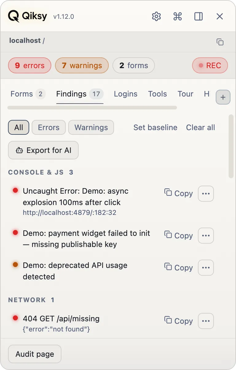 Qiksy live findings with one-click bug actions