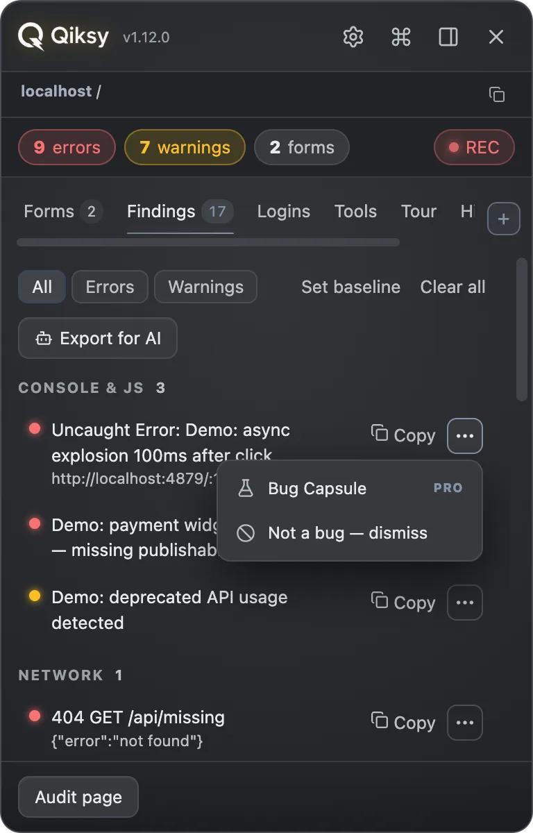 Qiksy — per-finding bug actions