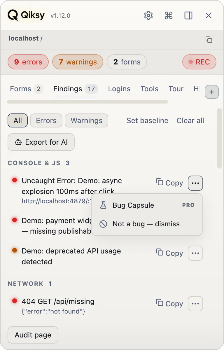 Qiksy — per-finding bug actions