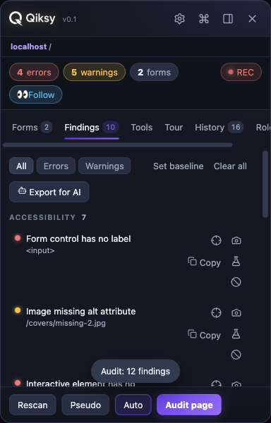 Qiksy live findings with one-click bug actions