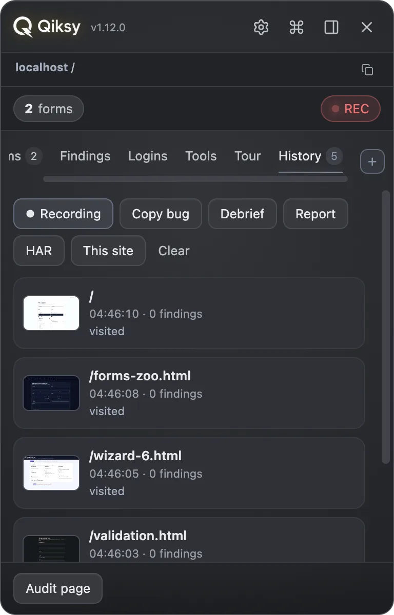 Qiksy session history timeline