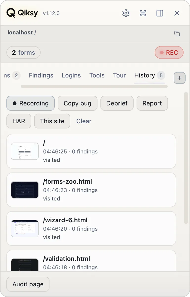 Qiksy session history timeline