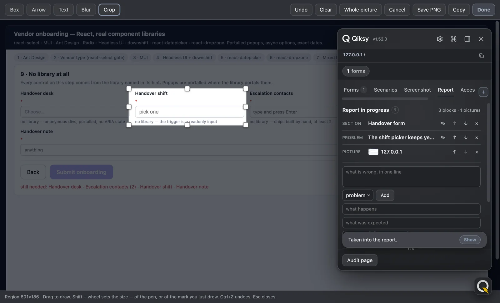 Qiksy:the screen in the marking editor with the crop tool ready, a region drawn around the control