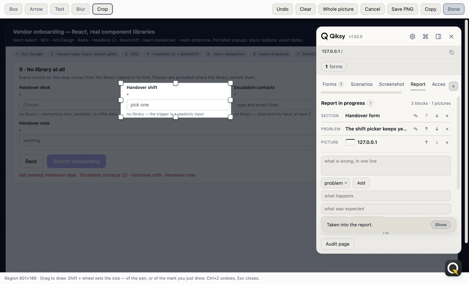 Qiksy:the screen in the marking editor with the crop tool ready, a region drawn around the control