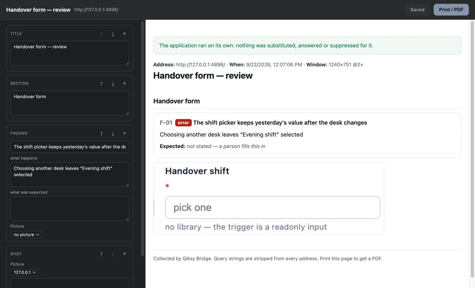 Qiksy:the finished report open in its editor, ready to print to PDF