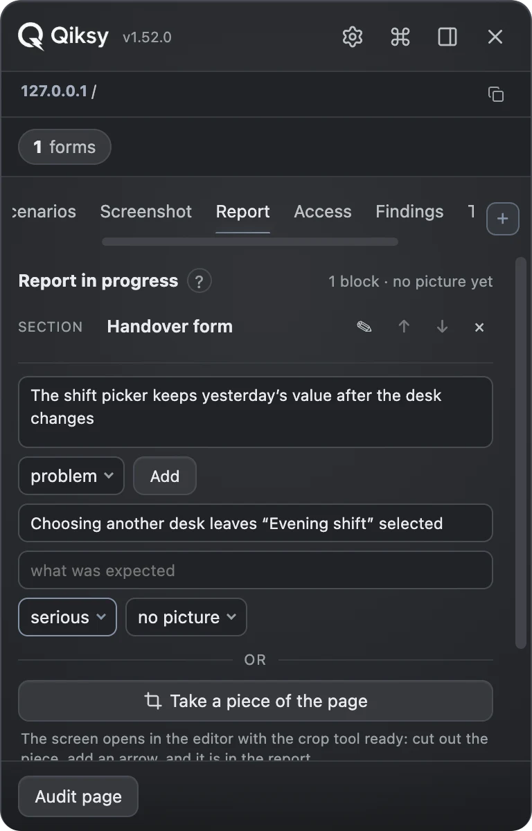 Qiksy:writing a line into the report while testing