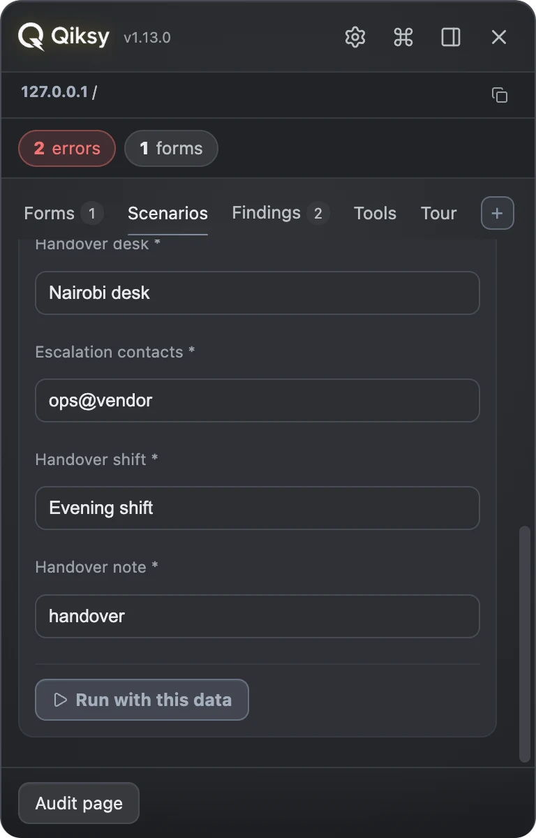 Qiksy Scenarios — the run's data as a plain list of fields