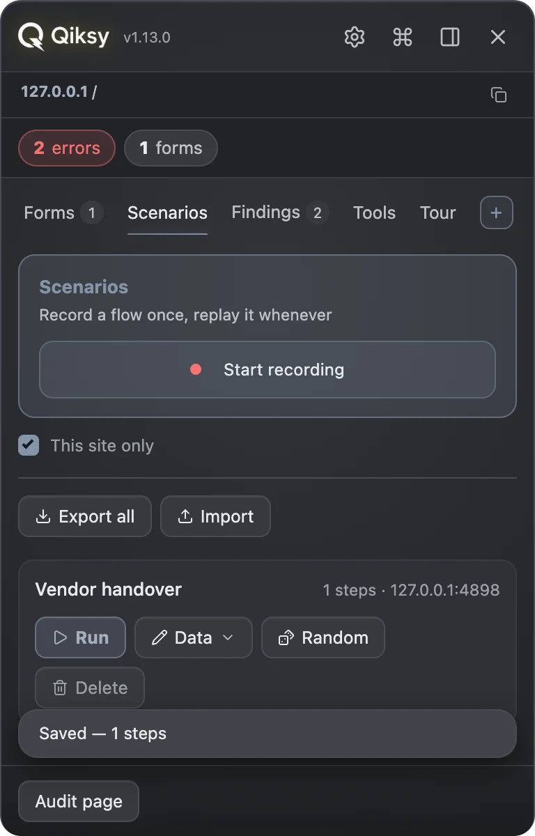 Qiksy Scenarios — a saved scenario with Run, Data and Random