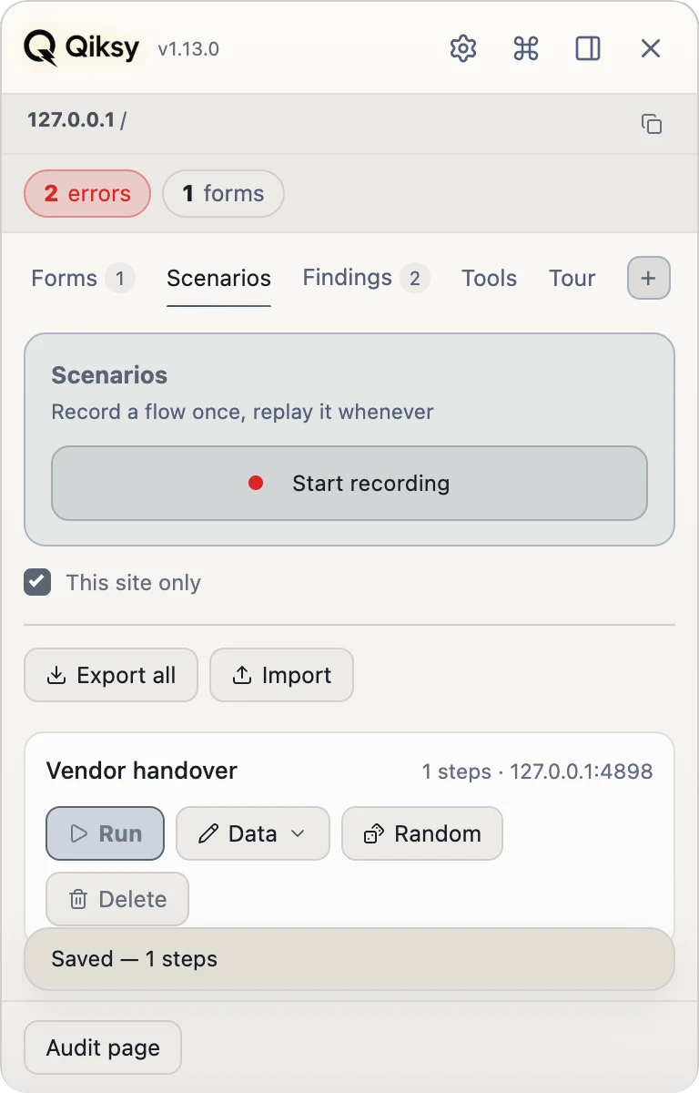 Qiksy Scenarios — a saved scenario with Run, Data and Random