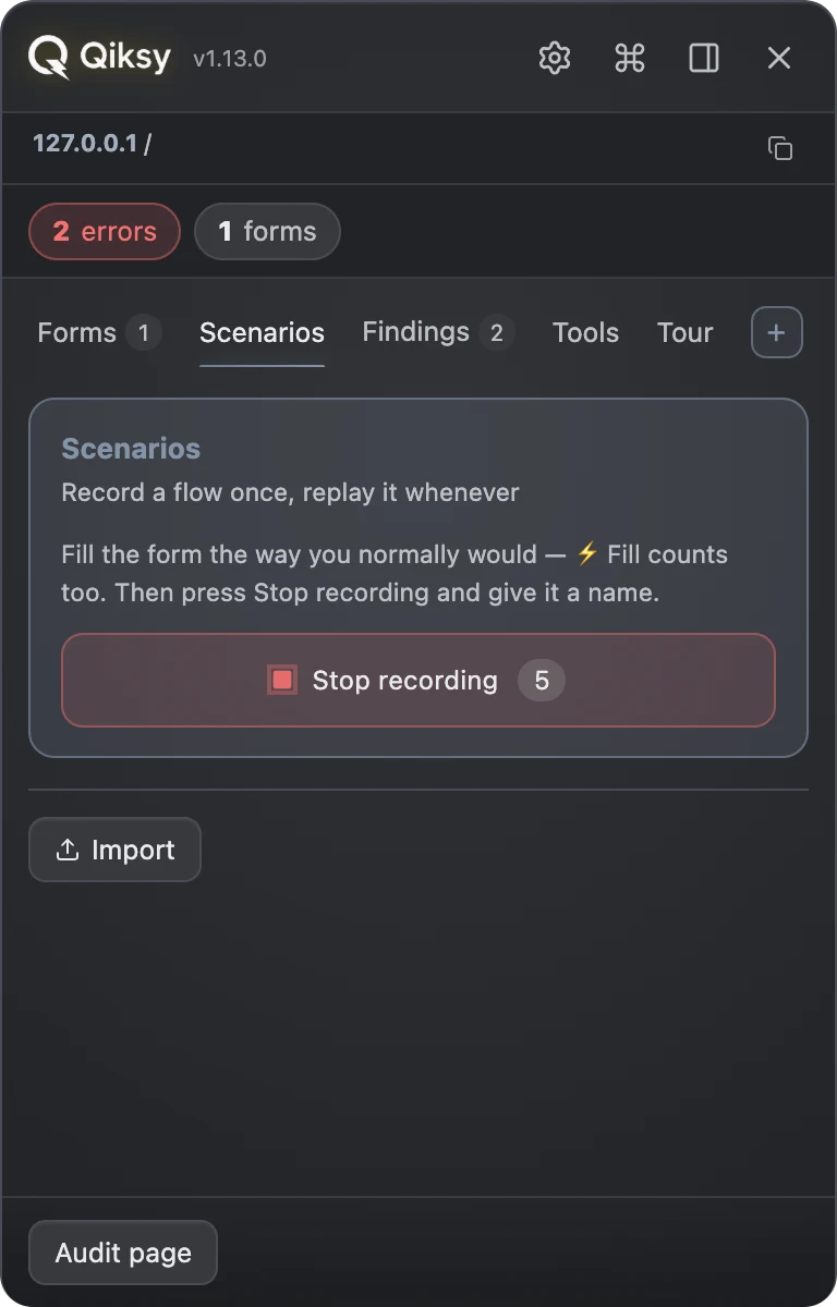 Qiksy Scenarios — recording a form flow, the tape counting what it caught