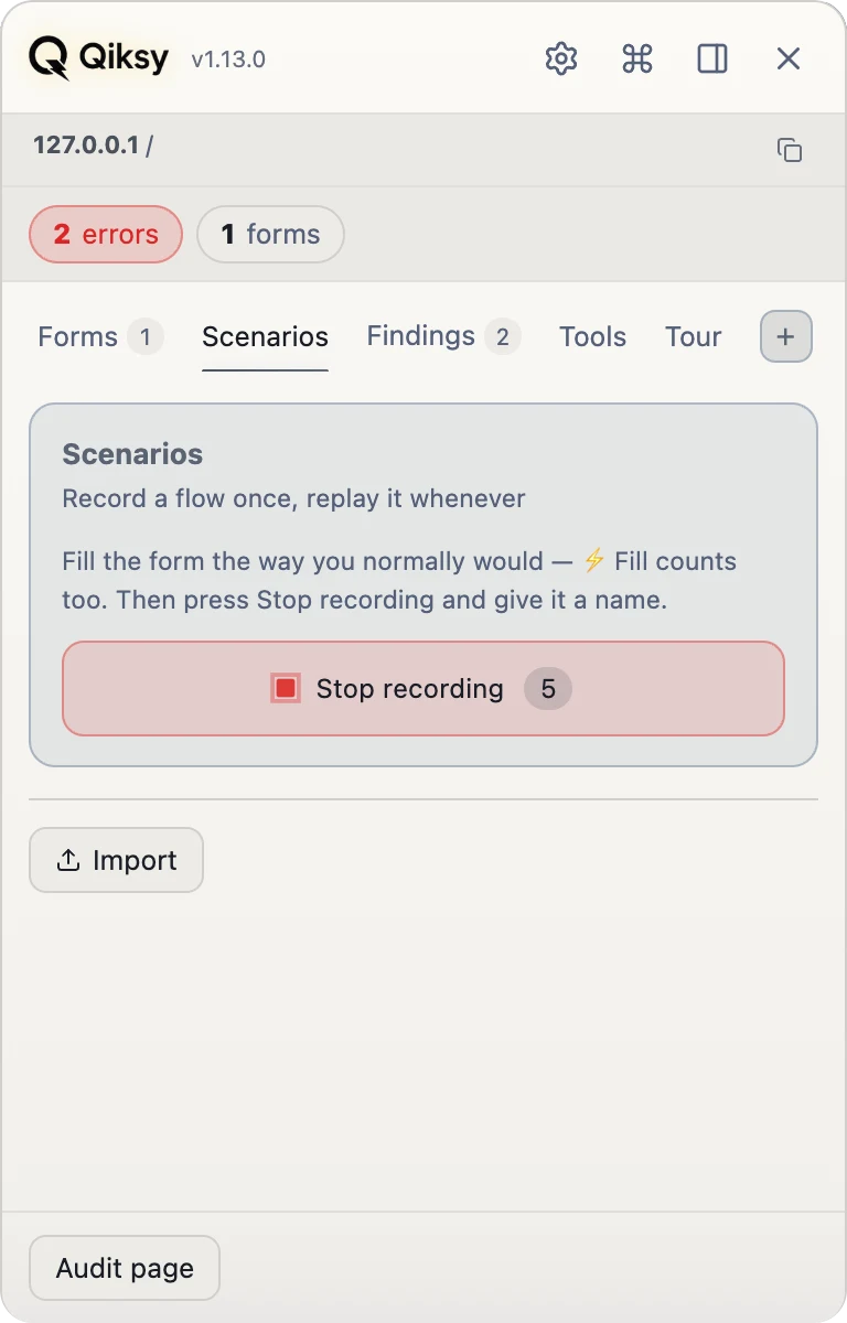Qiksy Scenarios — recording a form flow, the tape counting what it caught