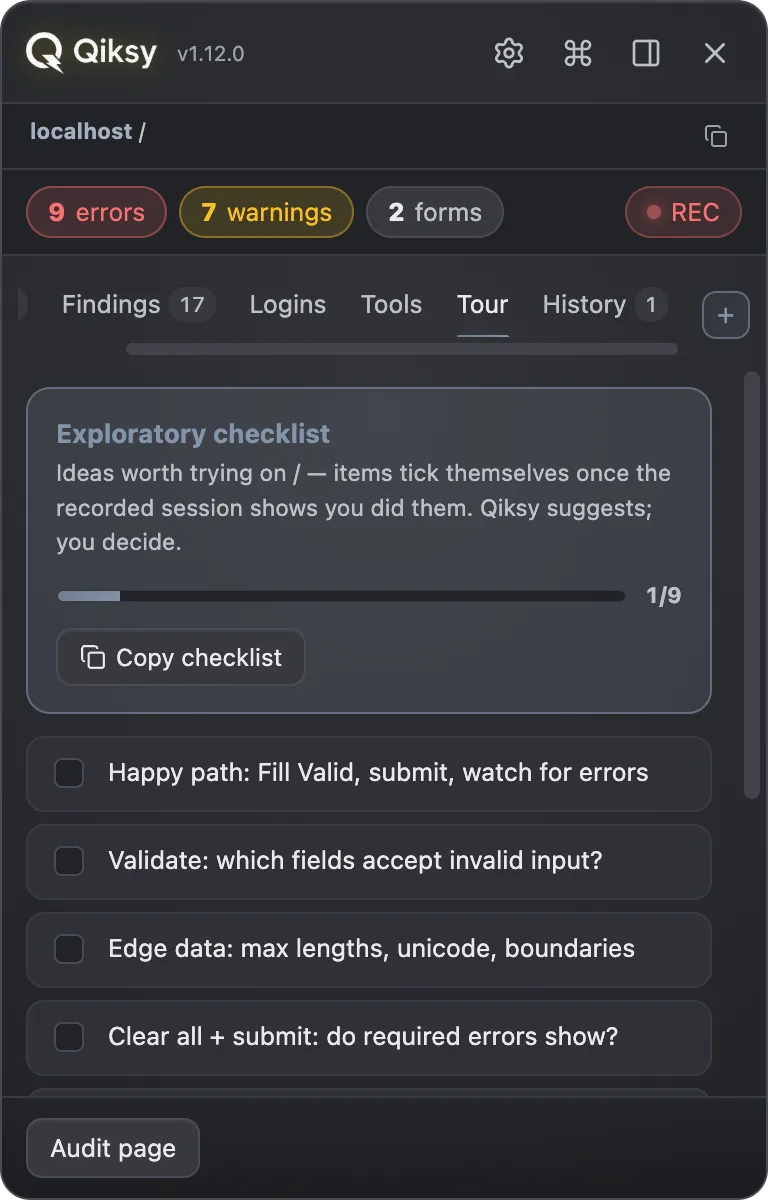 Qiksy exploratory tour checklist