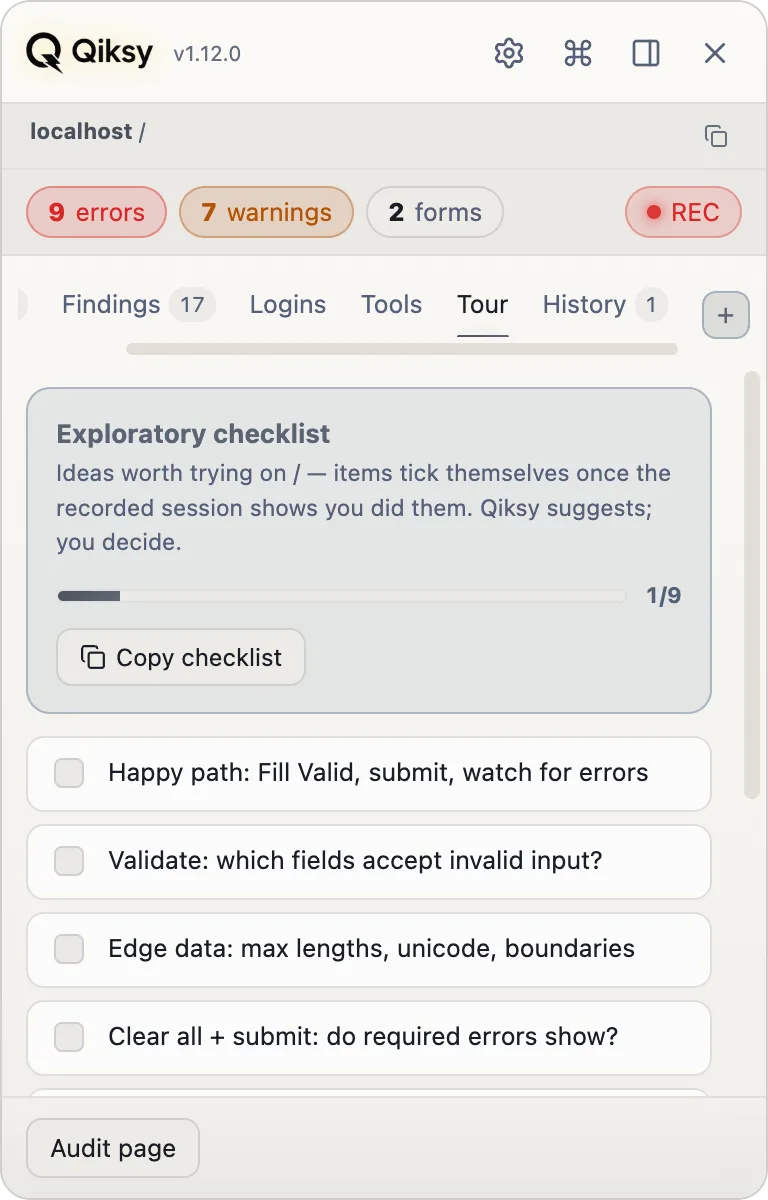 Qiksy exploratory tour checklist