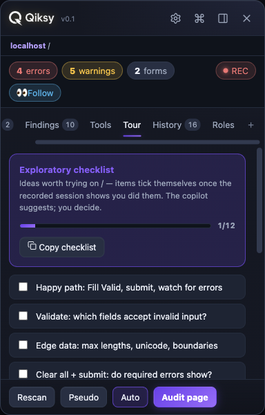 Qiksy exploratory tour checklist